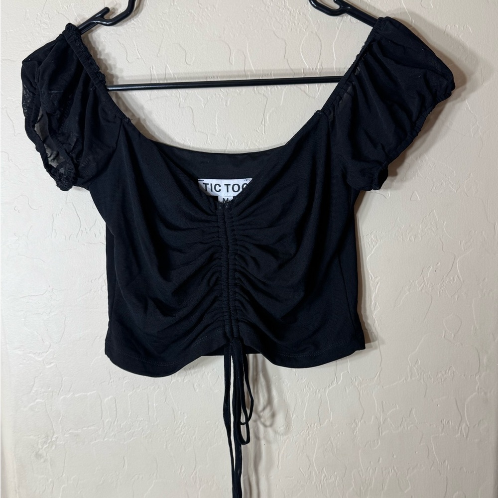 Tictoc Black Ruched Off Shoulder Crop Top Puff Sleeve Stretch Y2K Club Top